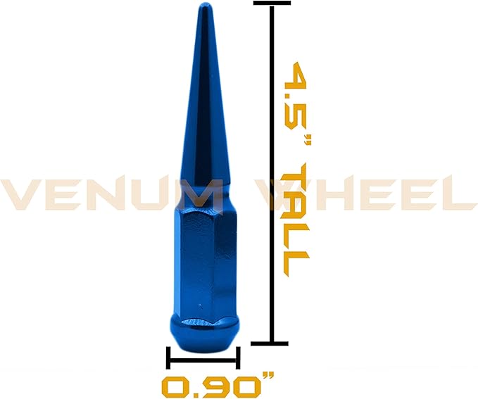 (6) Blue Spike Lug Nuts 12x1.5 Thread Pitch  Fits Aftermarket Wheels Acorn Seat with Tall Socket for Removal 4.5" Solid Piece