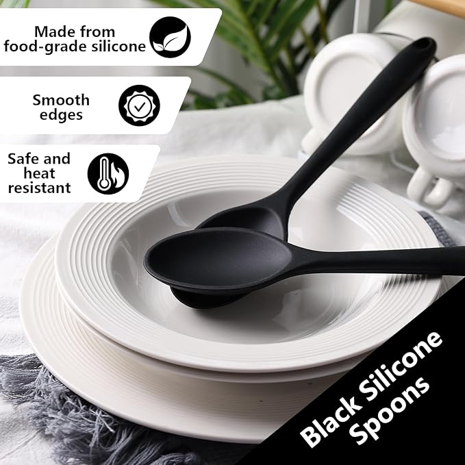 HAKSEN 2PCS Black Silicone Spoons, Heat Resistant Spoons Silicone Cooking Spoon for Kitchen Cooking Serving Baking Stirring