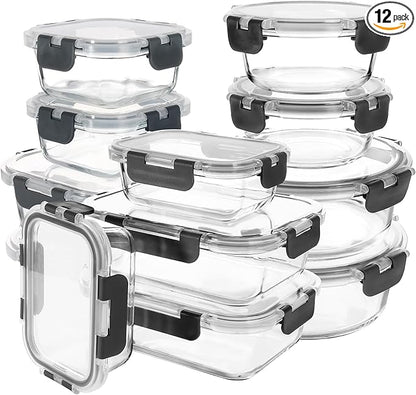 Glass Meal Prep Containers Set of 12 Food Storage Containers for Lunches, Dishwasher Safe, Grey