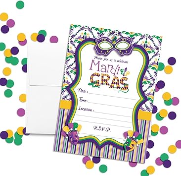 Amanda Creation Mardi Gras Masks Fill In Party Invitations, set of 20 including envelopes