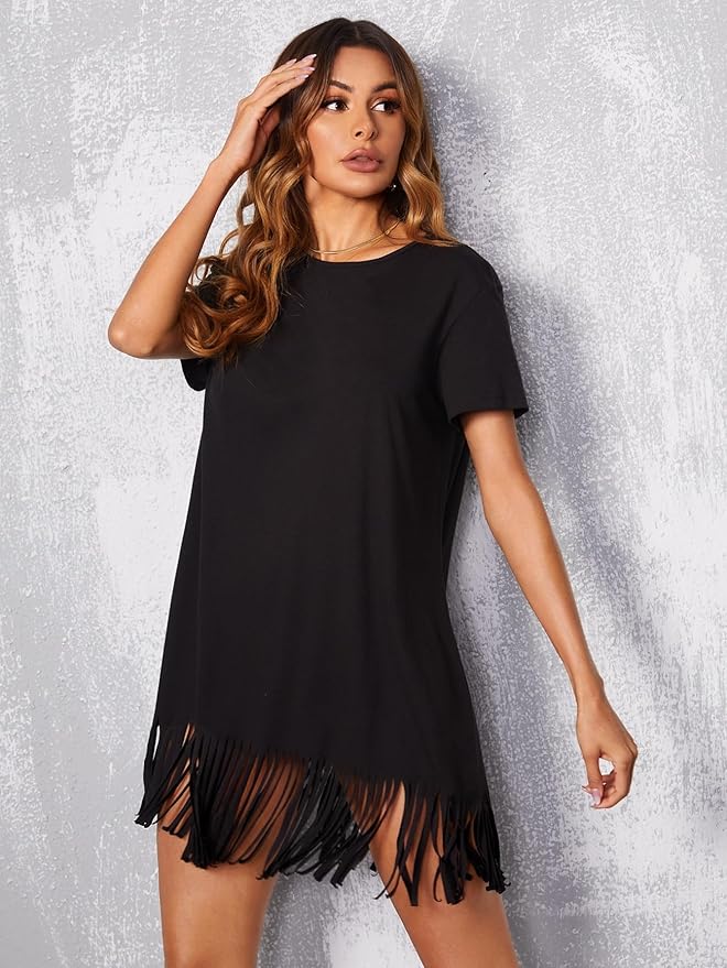 Womens Dress Solid Hem Short Dress Round Neck