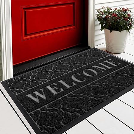 Yimobra Welcome Mat Outdoor Indoor, 29.5x17 All-Season Waterproof Front Door Mat, All-Weather Heavy Duty Doormat, Low Profile Porch Patio Entrance Mat, Non Slip Outside Mat, Black