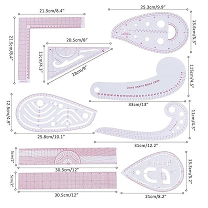 Fashion Clear Metric Sewing Ruler Set, French Curve Pattern Ruler Kit for Beginners Tailors Designers (A-9-Piece Set)