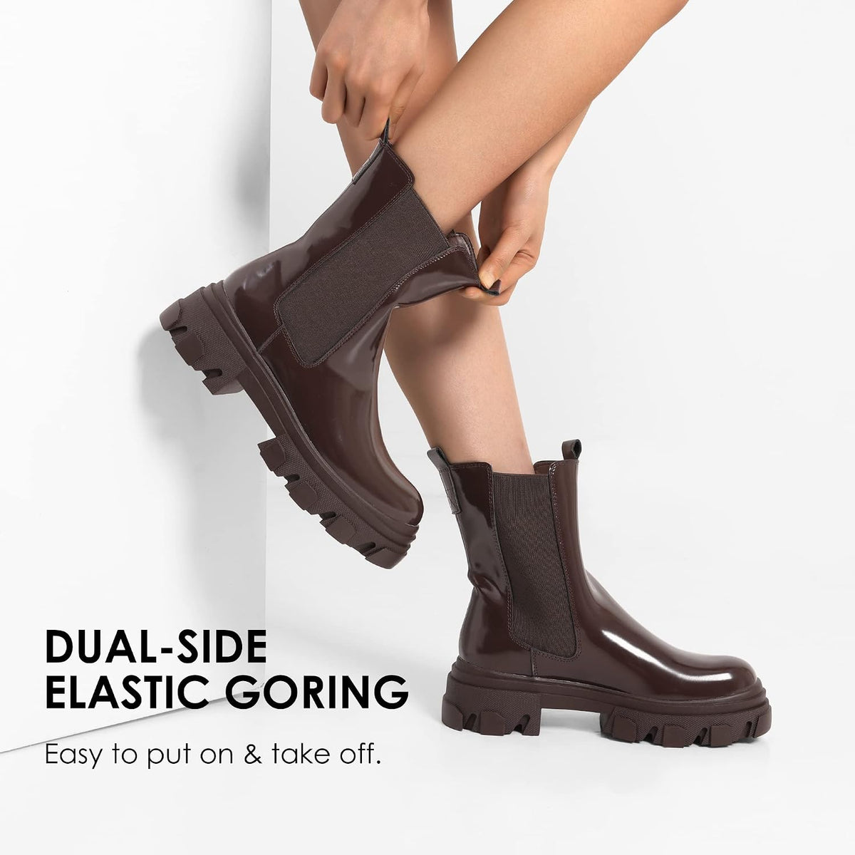Women's Platform Chelsea Boots Lug Sole Combat Mid Calf Slip On Chunky Ankle Booties