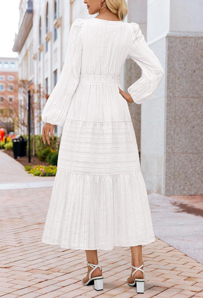 MEROKEETY Spring Summer Midi Dresses for Women 2026 Fall Casual Vacation Long Sleeve V Neck Tiered Cotton Maxi Dress Pockets