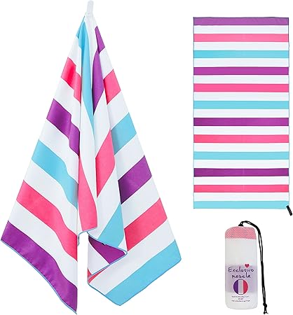 Exclusivo Mezcla Large Microfiber Quick Dry Beach Towel, Lightweight Sand-Free Cabana Stripe Pool Travel Camping Towel with Bag (Purple, 30x60 Inches)