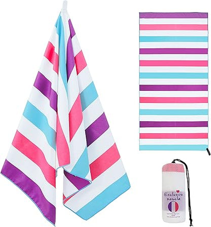 Exclusivo Mezcla Large Microfiber Quick Dry Beach Towel, Lightweight Sand-Free Cabana Stripe Pool Travel Camping Towel with Bag (Purple, 30x60 Inches)