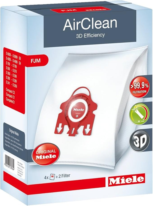 Miele AirClean 3D Efficiency Dust Bag, Type FJM, 4 Bags & 2 Filters, White