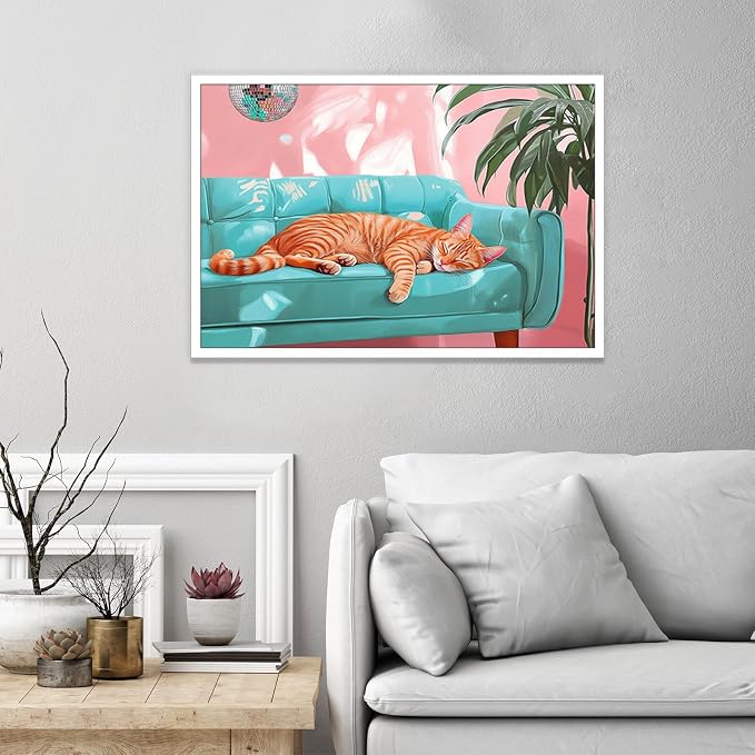 LRCYBMN Trendy Disco Ball Orange Cat Posters Funny Pet Orange Cat Sleeps On The Sofa Canvas Oil Painting Bar Cart Wall Decor Home Room Decor Aesthetics 16X24 in Unframed