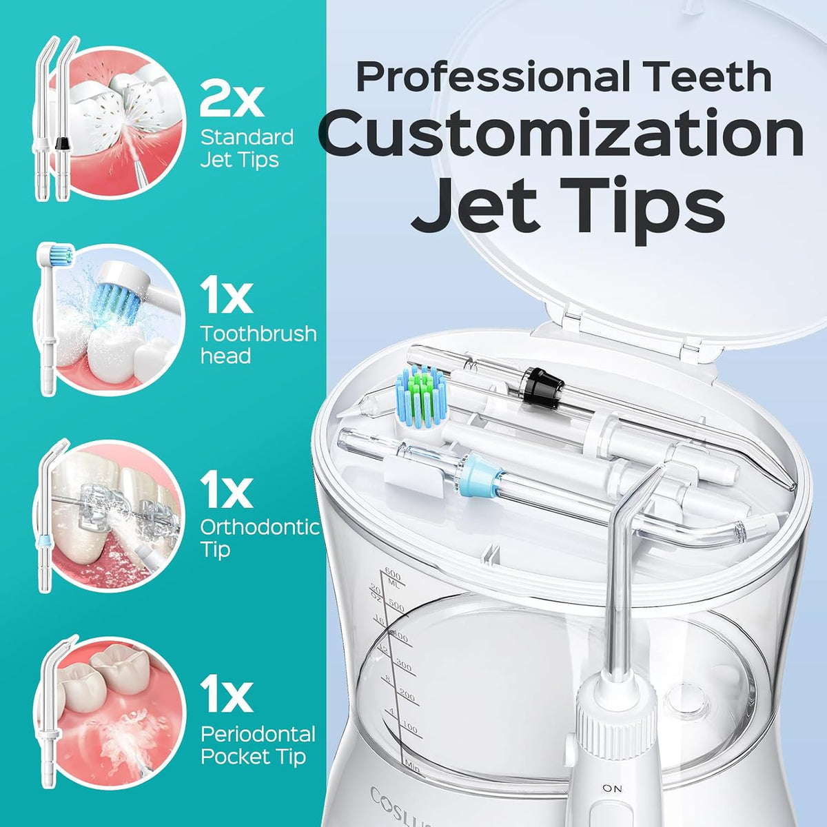 COSLUS E1 Electric Water Flosser for Teeth: Professional Dental Pick for Orthodontic, Sensitive Gums, Braces - 12 Pressure Settings & ??5 Multi-Functional Tips for Multiple Users, Home Use, White (Does Not Include The Toothbrush Attachment)