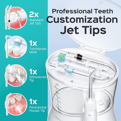 COSLUS E1 Electric Water Flosser for Teeth: Professional Dental Pick for Orthodontic, Sensitive Gums, Braces - 12 Pressure Settings & ??5 Multi-Functional Tips for Multiple Users, Home Use, White (Does Not Include The Toothbrush Attachment)