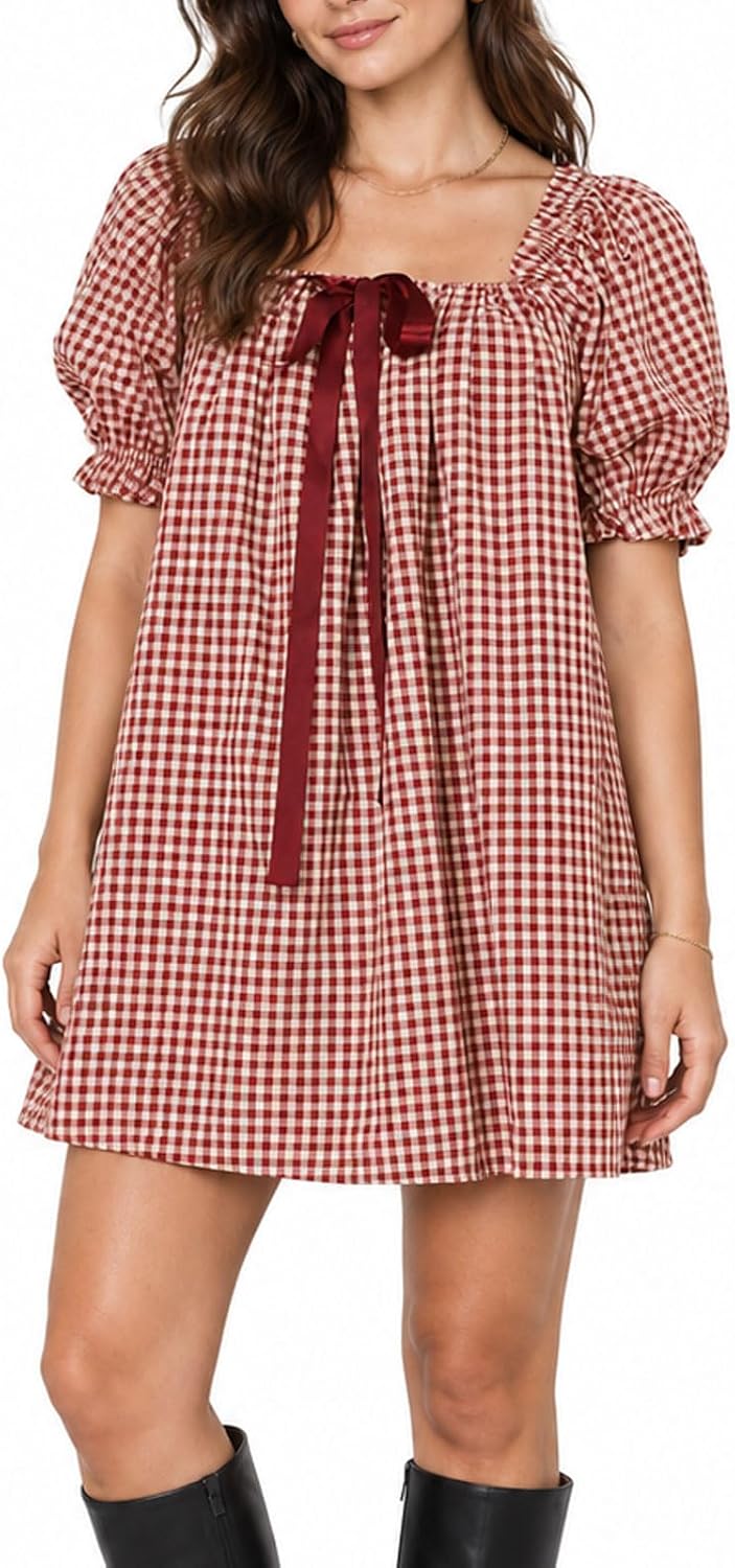Women's Plaid Babydoll Short Dress Puff Sleeve Cute Tie Mini Dress Gingham Spring Dresses