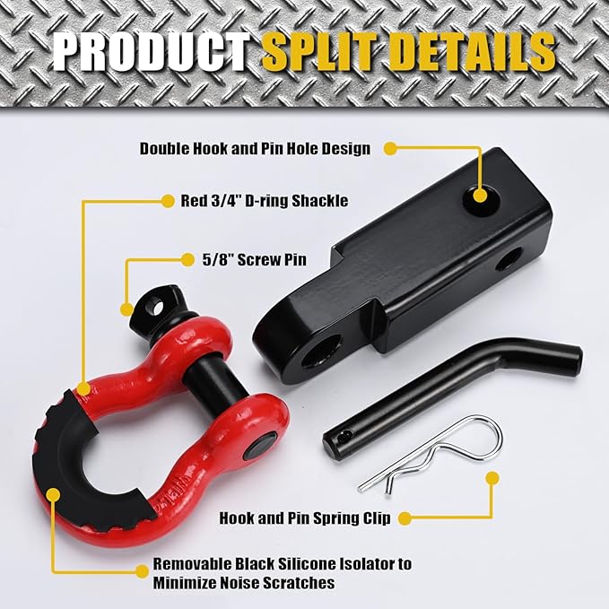 2" Shackle Hitch Receiver with 34" Red D Ring Shackles, 58" Screw Pin, Pickup Truck Shackle Receiver Has A Break Strength of 45,000Lbs, Towing Accessories for Truck Jeep Recovery Work