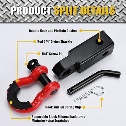 2" Shackle Hitch Receiver with 34" Red D Ring Shackles, 58" Screw Pin, Pickup Truck Shackle Receiver Has A Break Strength of 45,000Lbs, Towing Accessories for Truck Jeep Recovery Work