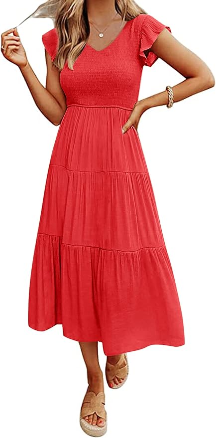 MEROKEETY Women's Flutter Sleeve Smocked Midi Dress V Neck Casual Tiered Dresses with Pockets