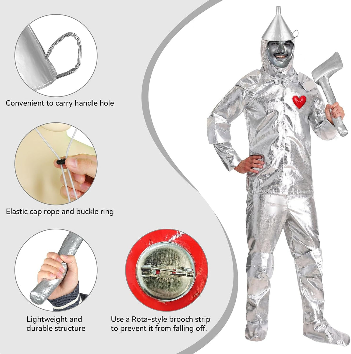 3 PCS Silver Funnel Hat Axe with Heart Brooch,Halloween Tin Costume Accessories for Adult,Kids Cosplay Party