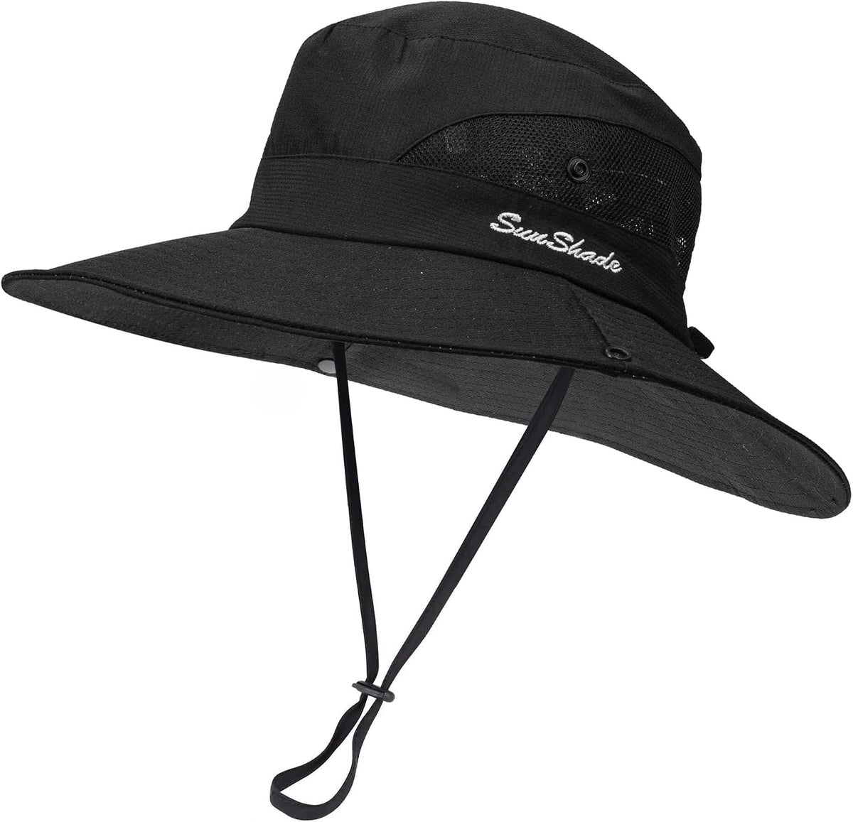 Women's Outdoor UV-Protection-Foldable Sun-Hats Mesh Wide-Brim Beach Fishing Hat with Ponytail-Hole. ( Black )