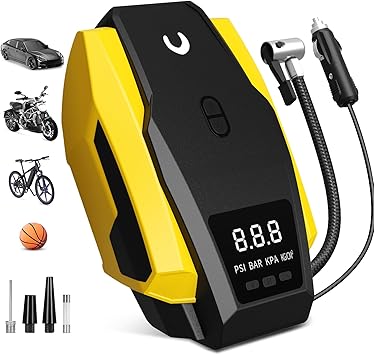 Tire Inflator Portable Air Compressor, Tire Air Pump for Car Tires, 12V DC 150PSI Auto Bike Pump with Digital Pressure GaugeLED Light, Yellow, Large