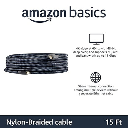 Basics HDMI Cable 15ft, 4K HDMI 2.0 Cord (18Gbps), Nylon-Braided, 4K60Hz, 2160p, 48 bit, Compatible with TVPS5XboxRoku, Black  Blue