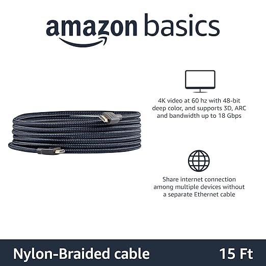 Basics HDMI Cable 15ft, 4K HDMI 2.0 Cord (18Gbps), Nylon-Braided, 4K60Hz, 2160p, 48 bit, Compatible with TVPS5XboxRoku, Black  Blue
