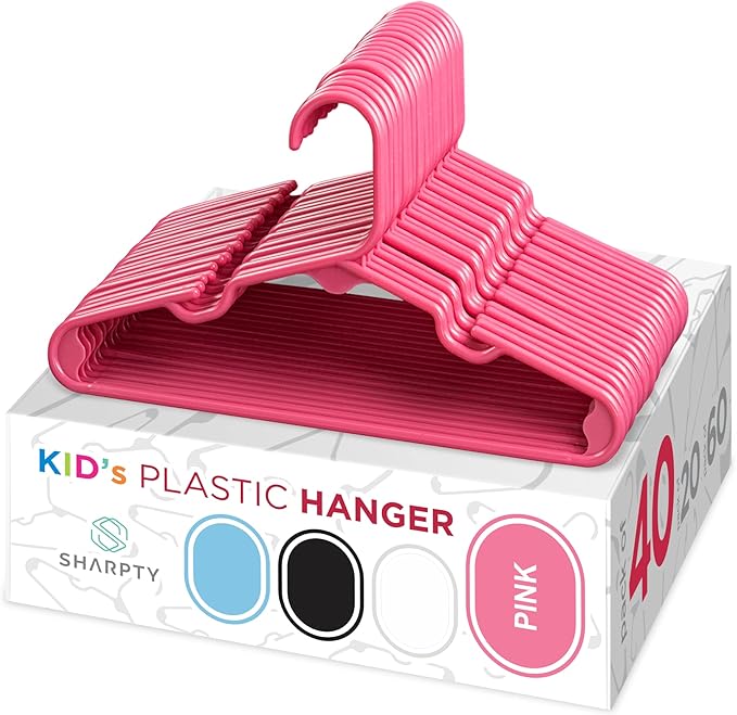 Sharpty Kids Plastic Hangers, Children's Hangers for Baby, Toddler, and Child Clothes - Everyday Standard Use - Ideal for Boys and Girls Closet, Clothing, Pants, Coats, and More - Pink, 40 Pack