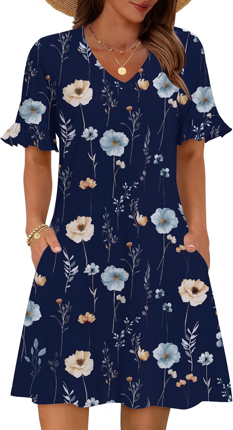 Zeagoo Women's Floral A-Line Ruffle Short Sleeve V-Neck Sundress with Pockets