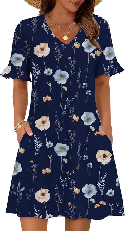 Zeagoo Women's Floral A-Line Ruffle Short Sleeve V-Neck Sundress with Pockets