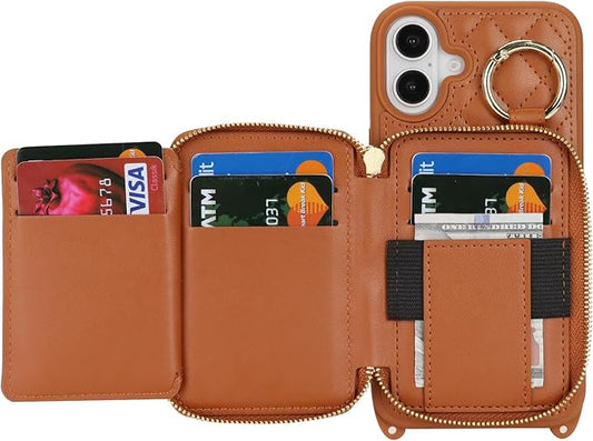 for iPhone 16 Plus Case Wallet with Card Holder for Women,for iPhone 16 Plus Phone case Wallet with Strap Credit Card Slots Crossbody with Kickstand Zipper Case-Brown