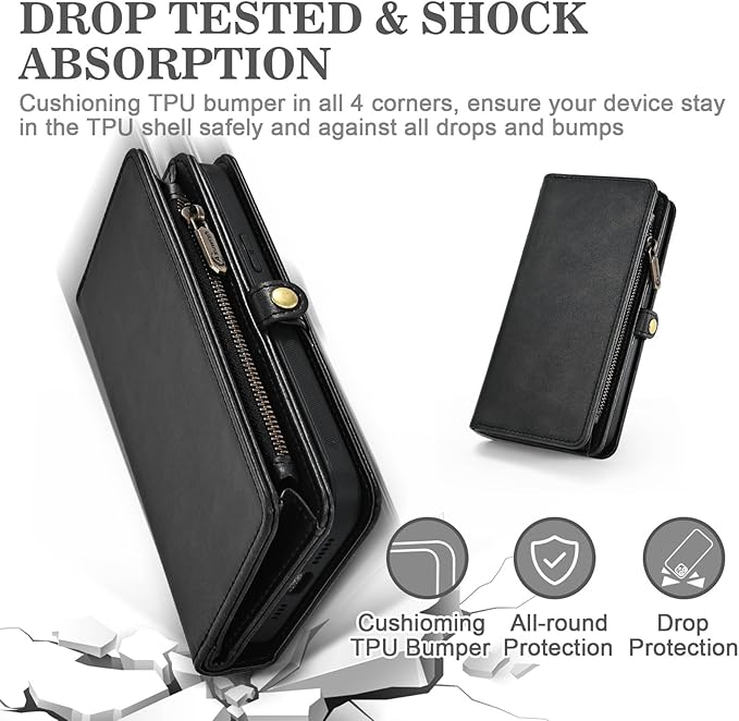 Wallet Case for Samsung Galaxy A51 4G with Detachable Magnetic Phone Case, Wrist Strap Shoulder Strap, Retro PU Leather Flip Stand Cell Phone Cover for A 51 M40S 51A A515F S51 Women Men Black