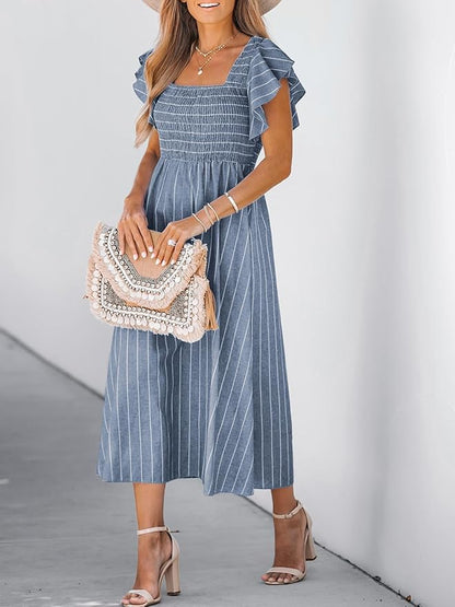 CUPSHE Women's Summer Dress Square Neck Striped Smocked Dress Ruffled Cap Sleeves Dress A Line Maxi Formal Dress