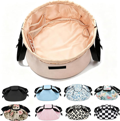 Large Barrel Drawstring Makeup Bag,Lay Travel Makeup Bag,Portable Cosmetic Bag Travel Bags Toiletry Bags for Travel Toiletries Accessories Essentials(Khaki)