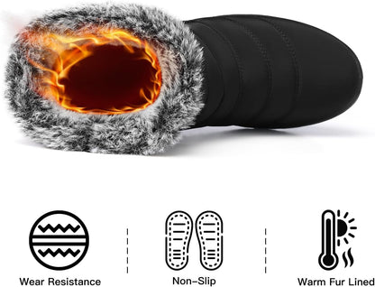 SHIBEVER Women Winter Snow Boots: Black Waterproof Walking Booties Non Slip Fur Lined Warm Outdoor Ankle Short Boot