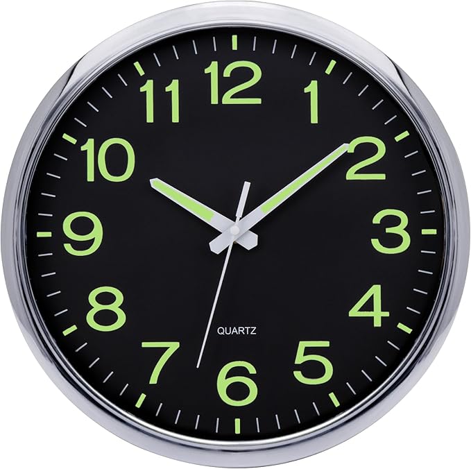 Wall Clock 12 inch Glow in The Dark Wall Clocks Battery Operated Night Lighted Large Wall Clocks Silent Non Ticking Silver Analog Clock for Living Room Kitchen Bedrooms Office Farmhouse Home Decor