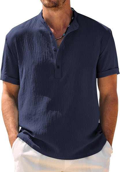 COOFANDY Men's Casual Henley Shirt Band Collar Short Sleeve Shirt Summer Beach Hippie T-Shirt