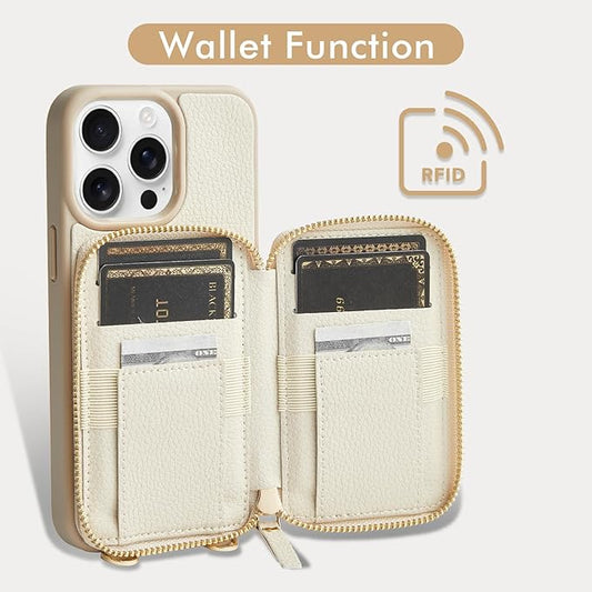 ZVE for iPhone 13 Pro Max Wallet Case Crossbody, Phone Case with Card Holder Wrist Strap, Zipper Leather RFID Blocking Purse Cover Gift for Women for iPhone 13 Pro Max, 6.7", 2021- Beige