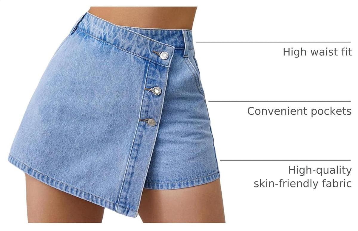 Women's High Waisted Stretchy Denim Skort Casual Asymmetrical Jean Skorts Mini Skirts with Shorts for Summer.