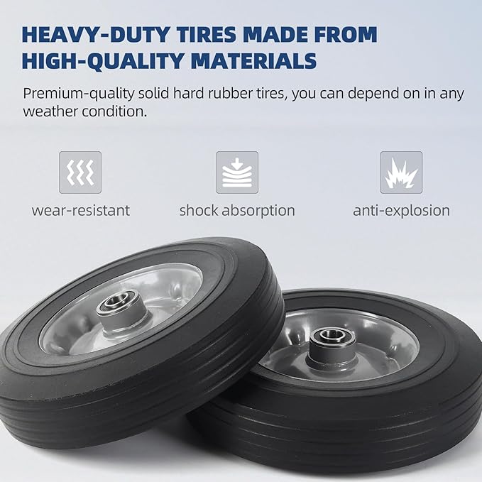 AR-PRO (2-Pack) 10" x 2.5" Flat Free Solid Rubber Replacement Tires - Flat-Free Tire and Wheel for Hand Trucks and Wheelbarrows with 58" Axles