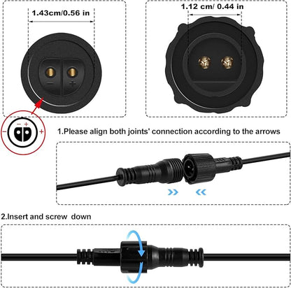 10FT Male to Female 2 Pin Flexible Waterproof Extension Cord for Indoor Outdoor Garden Lighting, Solar Strip Lights, G40 Globe Lights, and Rope Lights