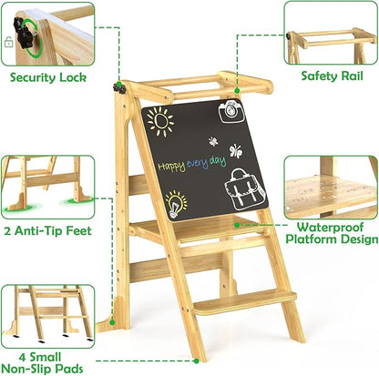 Toddler Tower Foldable - Kids Kitchen Step Stool with 3 Adjustable Heights  Safety Rail, Montessori Tower with Chalkboard for Learning, Standing Tower Helper Stool for Kitchen Counter Sink (Natural)