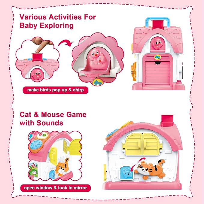 Montessori Toy for 1 Year Old Girl Gifts, Bilingual Musical Learning House | Educational Toddler Toy with Play Phone, Mirror, Piano and Activities for Interactive Play, One Year Old Girl Birthday Gifts