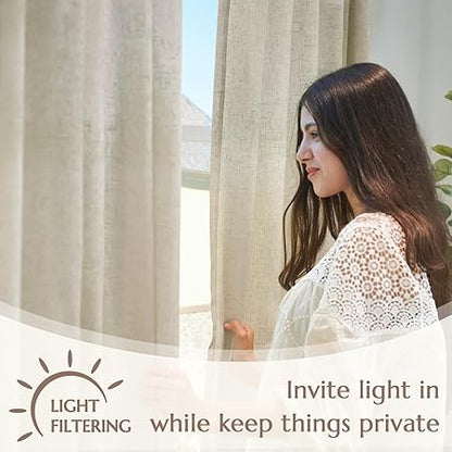 jinchan Oat Linen Curtains 96 Inches Long for Living Room Farmhouse with Lined Rod Pocket Back Tab Light Filtering Window Drapes with Lined for Bedroom Curtains 2 Panels Oat