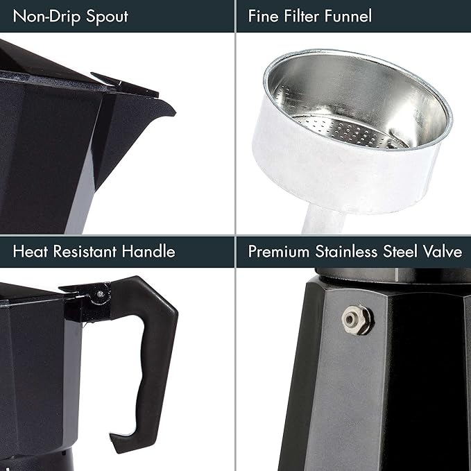 Primula Classic Stovetop Espresso and Coffee Maker, Moka Pot for Italian and Cuban Café Brewing, Greca Coffee Maker, Cafeteras, 6 Espresso Cups, Black