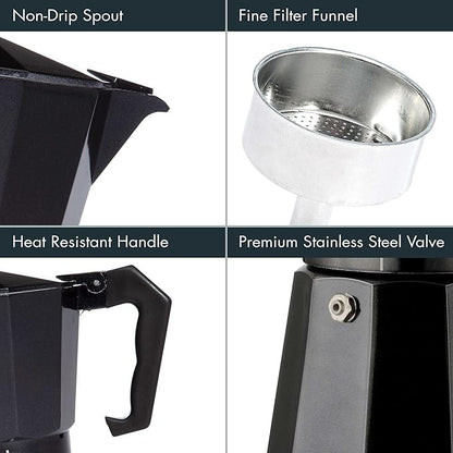 Primula Classic Stovetop Espresso and Coffee Maker, Moka Pot for Italian and Cuban Café Brewing, Greca Coffee Maker, Cafeteras, 6 Espresso Cups, Black