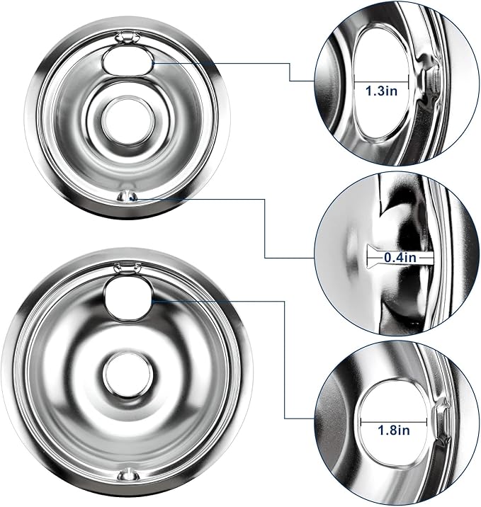 4 Pack GE68C Chrome 6" 2 x 8" Burner Drip Pan Bowls by PANDEELS- Fit for GE and Hot-point Electric Ranges