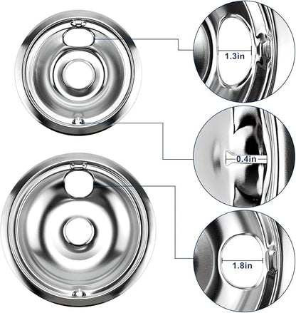 4 Pack GE68C Chrome 6" 2 x 8" Burner Drip Pan Bowls by PANDEELS- Fit for GE and Hot-point Electric Ranges