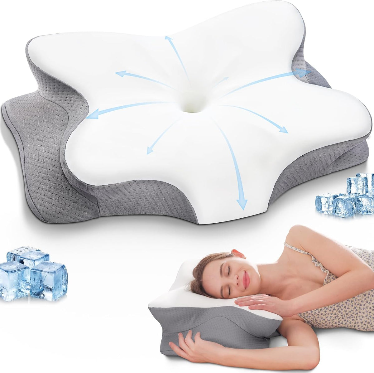 Coperat Cervical Pillow for Neck and Shoulder Pain Relief Contour Pillow Ergonomic Neck Support Pillow for Side Back Stomach Sleepers with Cooling Pillowcase, White&Grey