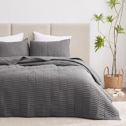 EXQ Home Quilt Set FullQueen Size Grey 3 Piece,Lightweight Soft Coverlet Modern Style Stitched Quilt Pattern Bedspread Set for All Season(1 Quilt,2 Pillow Shams)