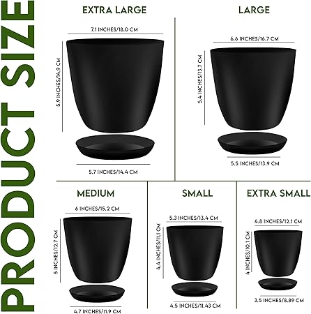 Utopia Home - Plant Pots Indoor with Drainage - 76.665.34.8 Inches Home Decor Flower Pots for Indoor Planter - Pack of 5 Plastic Planters for Indoor Plants, Cactus, Succulents Pot - Black