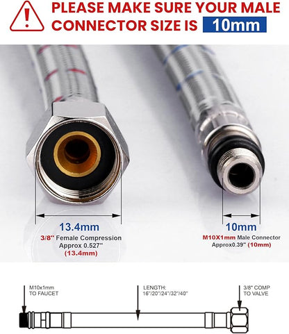 WOWOW 16" Length Faucet Supply Line, Bathroom Kitchen Faucet Lines Braided Nylon Sink Hose,cUPC Faucet Supply Lines 38" Female Compression Thread  M10 Male Connector 2Pcs (1 Pair)