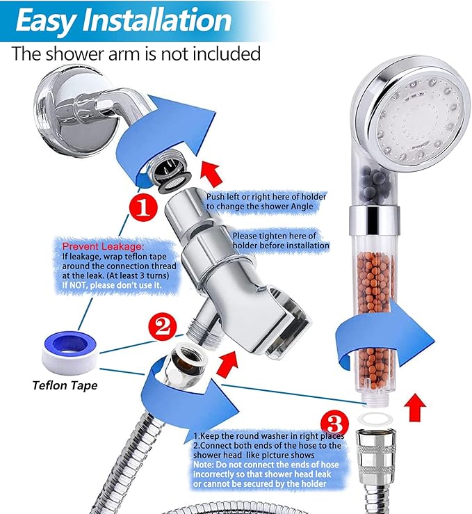 LED Shower Head with Handheld, Shower Head High Pressure Shower Head with Hose, Holder  PTFE Tape etc, 3 Water Temperature-Controlled Water Saving Filtered Shower Head for Dry Hair Skin